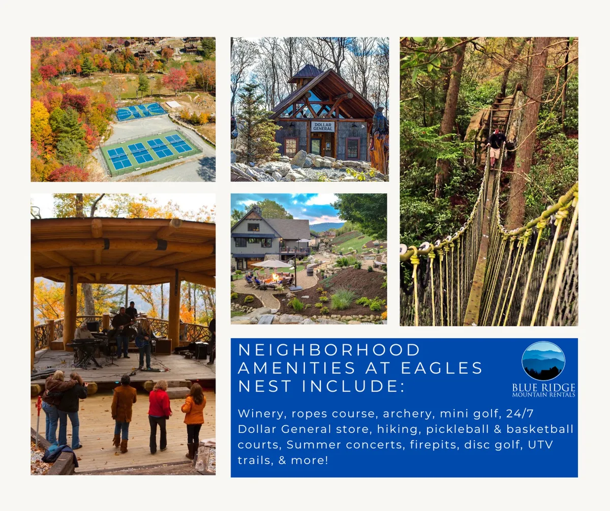 This image offers a sweeping view of the outdoor concert stage, luxurious cabins, visible ropes course, mini golf area, and hiking trails. Groups of people can be seen partaking in various activities like attending a summer concert, playing mini golf, and exploring the adventure ropes course, all set against a backdrop of thriving greenery and mountain scenery.