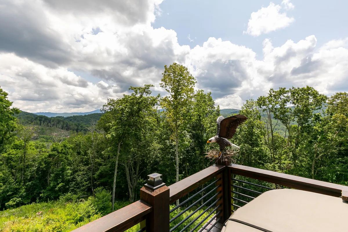 A spacious deck boasts a striking eagle sculpture, sturdy railing, and panoramic views of distant mountains and lush greenery. The scene encourages birdwatching, quiet reflection, and enjoying the ever-changing natural landscape, emphasizing the resort’s connection to nature.
